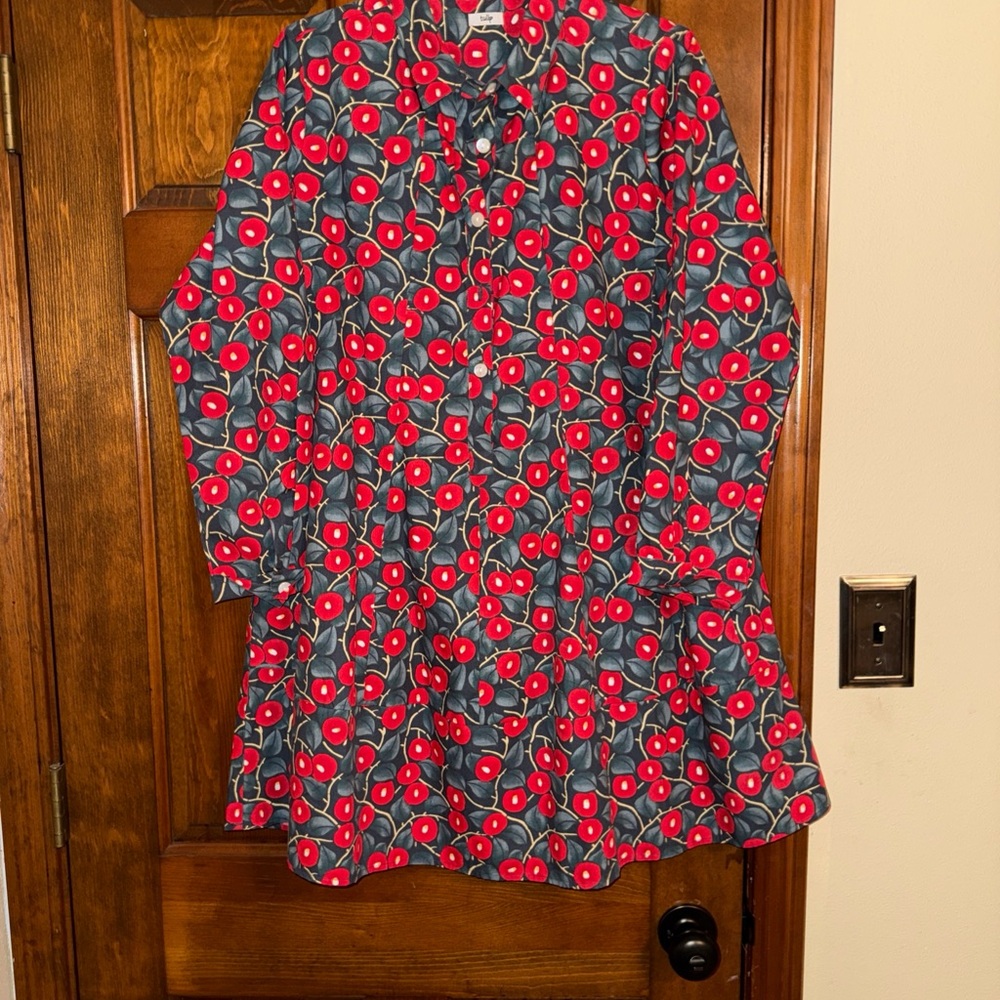 Tulip Clothing Julia Button Down Cherry Print Dress Sm Pockets Cotton Lagenlook